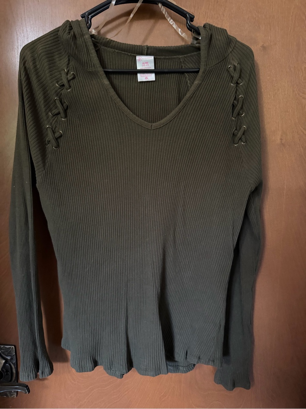 Olive Ribbed V-Neck Lace-Up Long Sleeve Hooded Top